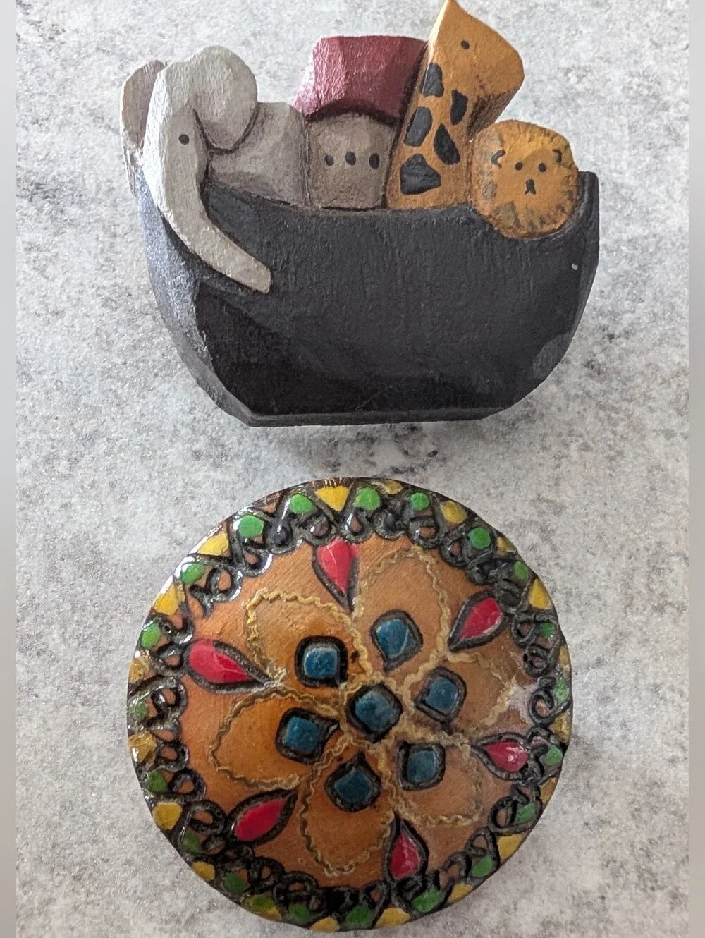 Handcrafted Wooden Brooch Set, Ark With Animals And Floral Mandala